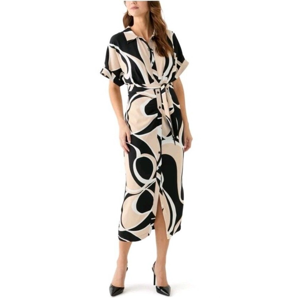 DKNY Abstract Geo Print Midi Shirt Dress Neutral Earthy Mod Retro Chic Size 12 - Picture 2 of 12